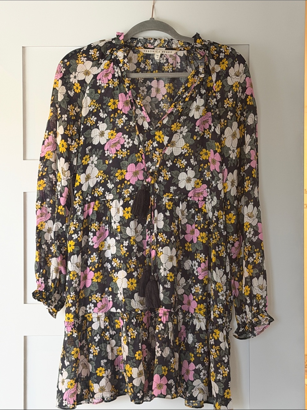 Veronica Beard Black Floral Tiered Long-Sleeve Tunic with Tassel Tie